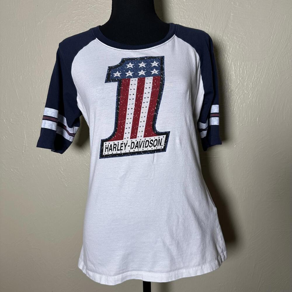 Early 2010s Large Americana Studded Raglan Graphic Tee Fitted White Navy